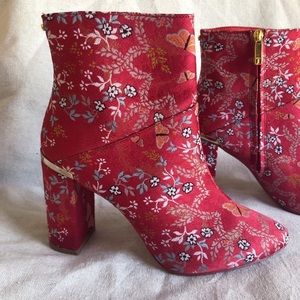 Ted Baker Red Satin Embroidery Block Heel Booties